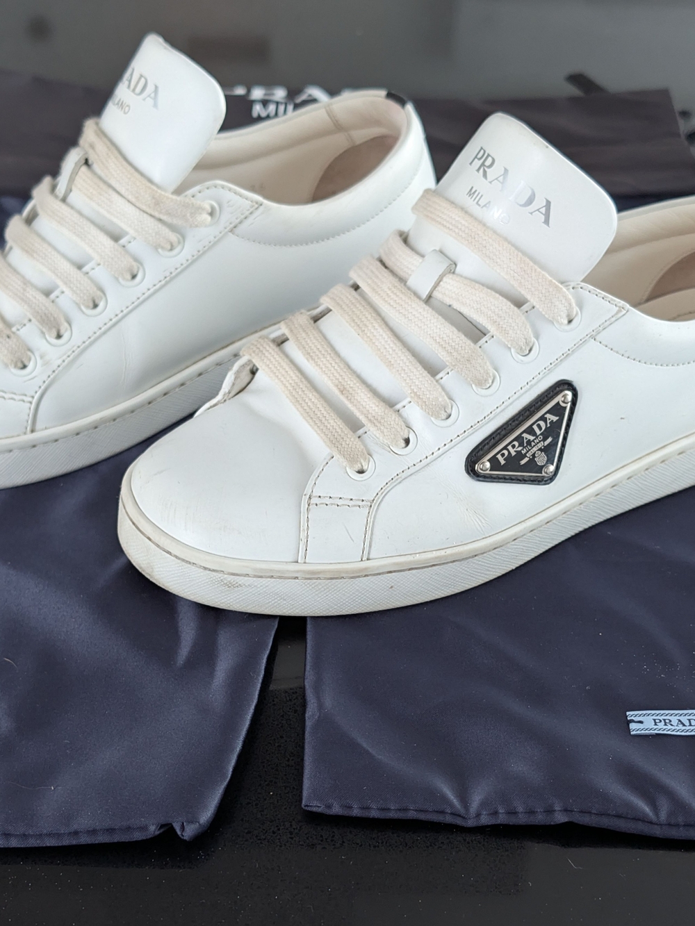Prada White Leather Enamel Triangle Logo Low-Top Sneakers (Size 36) Women's